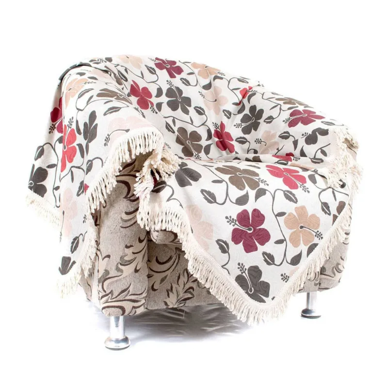 Kit de Xale Sofá Floral Bege 2,30m e 1,50m Jacquard Kit 2 Xales com Franja