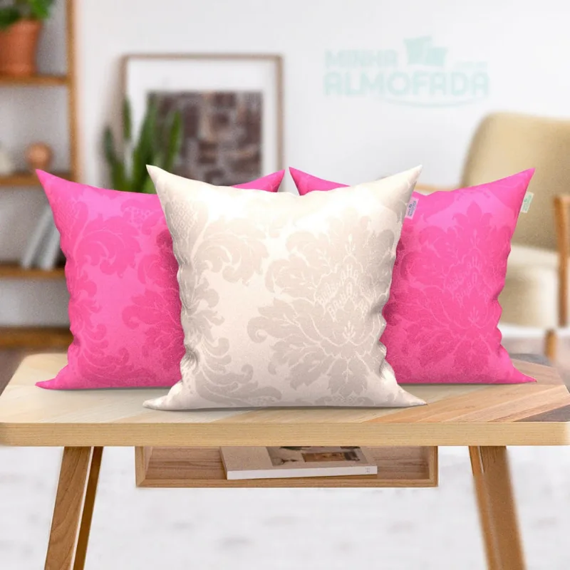 Jogo de Capa Almofada Rosa e Vinho Jacquard Grande 3 Unidades 60cm x 60cm com zíper para Área Externa