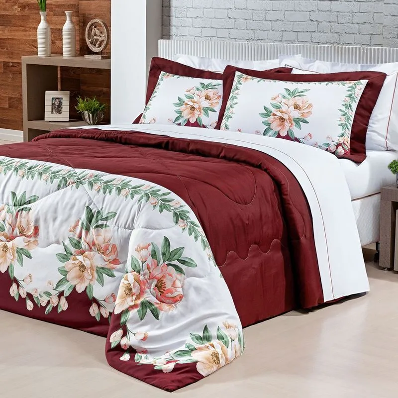 Cobre Leito Percal 200 Fios Estampado Vinho 3 Peças Queen Size