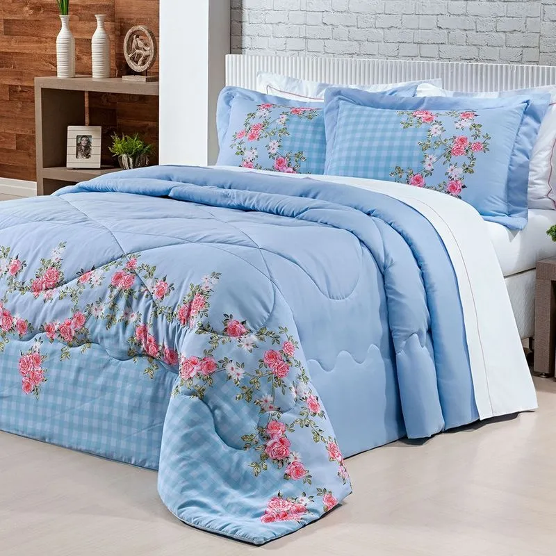 Cobre Leito Azul Marinho Casal Padrão Estampado Micro Percal 200 Fios 3 Peças