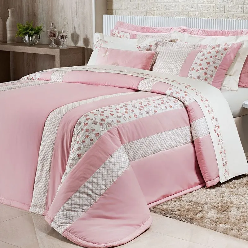 Jogo de Colcha King Size Rosa Clara 200 Fios 100% Algodão + Jogo de Cama - 9 Peças