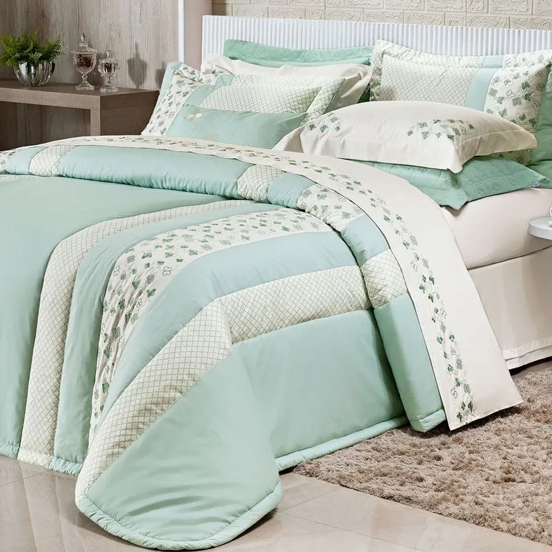 Colcha Solteiro Verde 200 Fios 100% Algodão + Jogo de Cama - 7 Peças 2,50m x 1,90m
