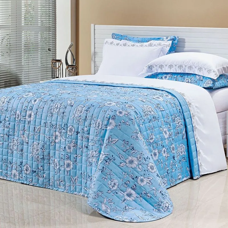 Kit Cobre Leito Tamanho King Size Azul Micro Percal Peletizado 200 Fios + Jogo de Cama - 7 Peças