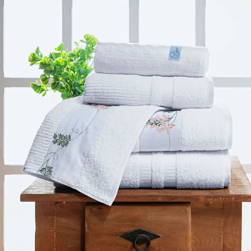 Kit de Banho Kim Branco / Salmão Felpa 100% Algodão 05 Peças 5 Peças Bordado