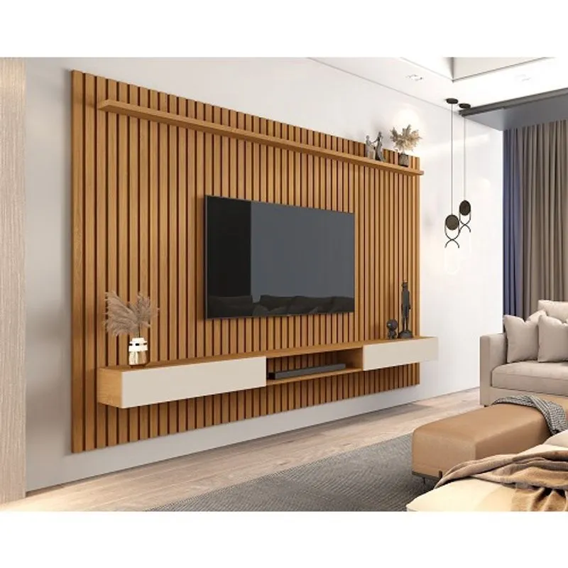 Painel Para TV Até 85 Polegadas Ripado Verdadeiro Versátil 2.2x1.8 Com Nicho Nature/Off White - Giga Móveis