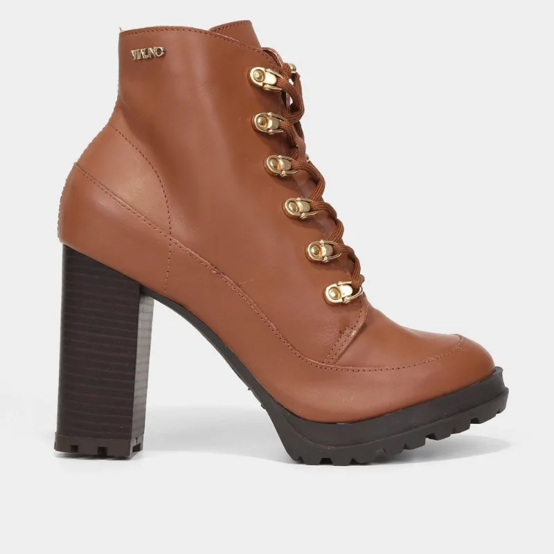Bota Coturno Via Uno Couro Salto Alto Feminina - Feminino - Caramelo