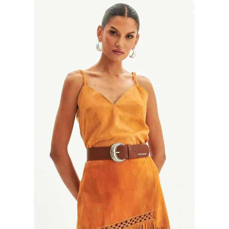 Blusa De Couro Decote V Marrom M
