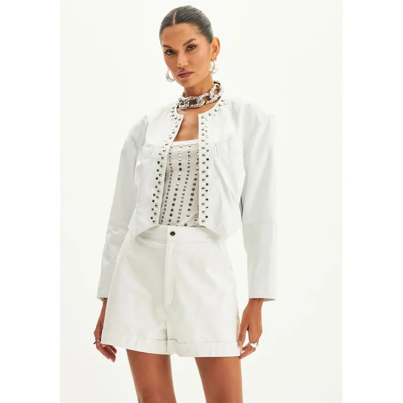 Jaqueta De Couro Com Tachas Branco M