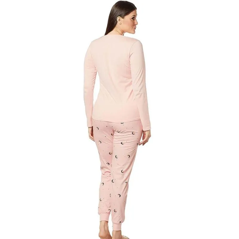 Pijama Longo Feminino 100% Algodão Malwee (6518) - Lua/Rosa