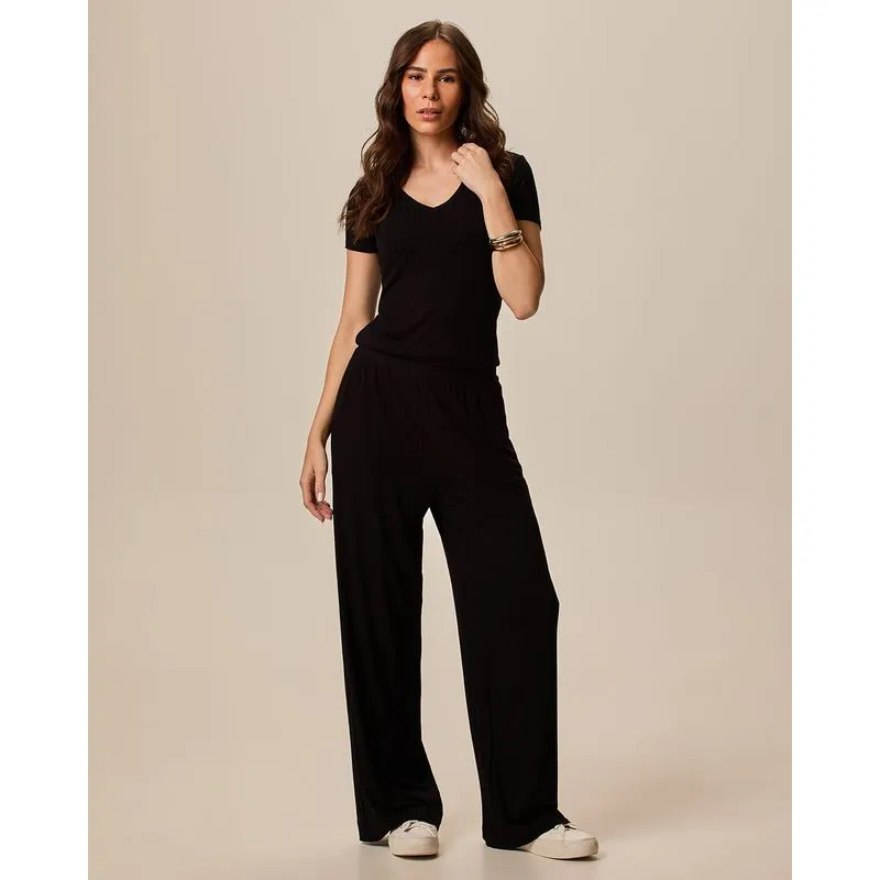 Calça Wide Leg Feminina Cintura Alta Em Malha Canelada De Viscose Preto - P
