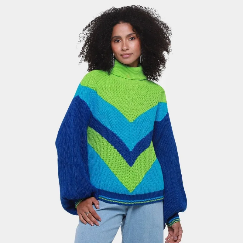 Blusa Tricô Colcci Gola Alta Feminina - Feminino - Azul+Verde