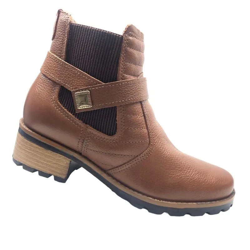 Bota Feminina Casual Cano Curto Salto Baixo Couro Legitimo Pegada com Elástico Calce Fácil Confortável