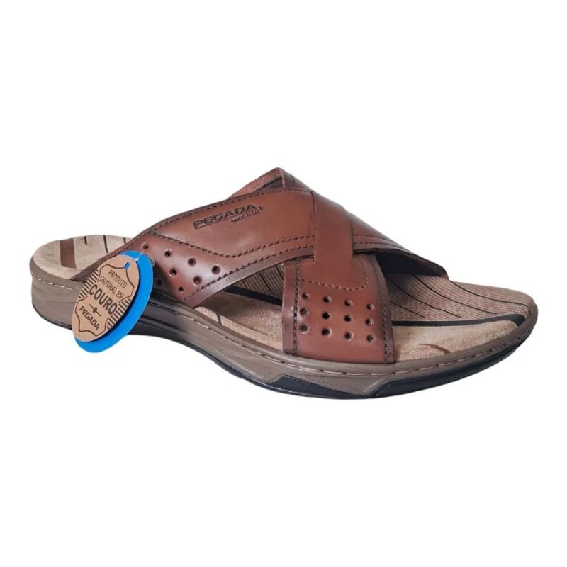 Chinelo Masculino em Couro Pegada Tiras Cruzadas c/ Amortech