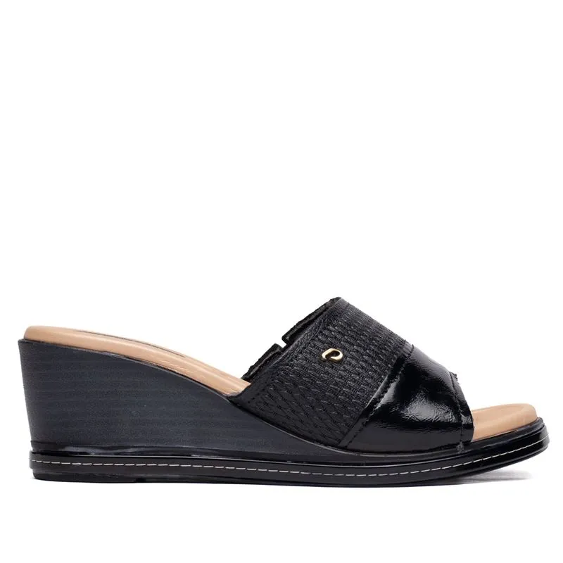 Tamanco Feminino Pegada Couro Anabela Texturizado Preto/Bege - 39