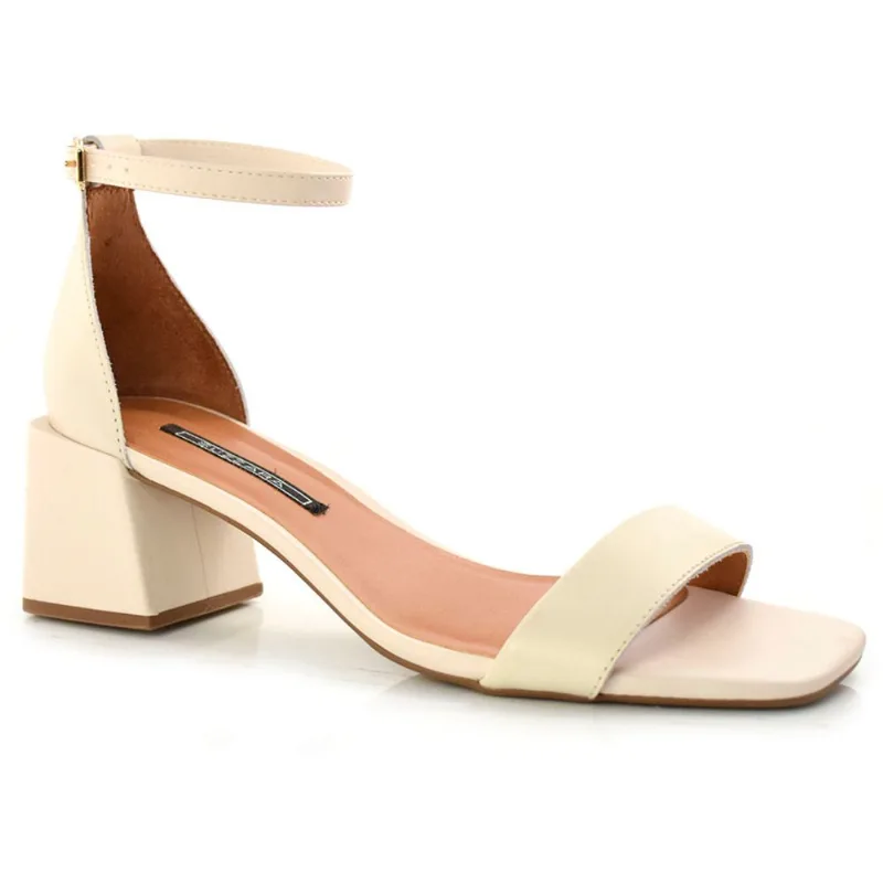 Sandália Feminina de Couro e Salto Bloco Suzzara Creme 456.37.003 37