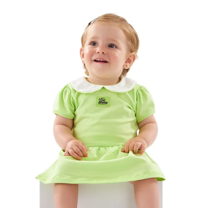 Body Vestido em Cotton Algodão Verde Limão com Gola Branca Up Baby