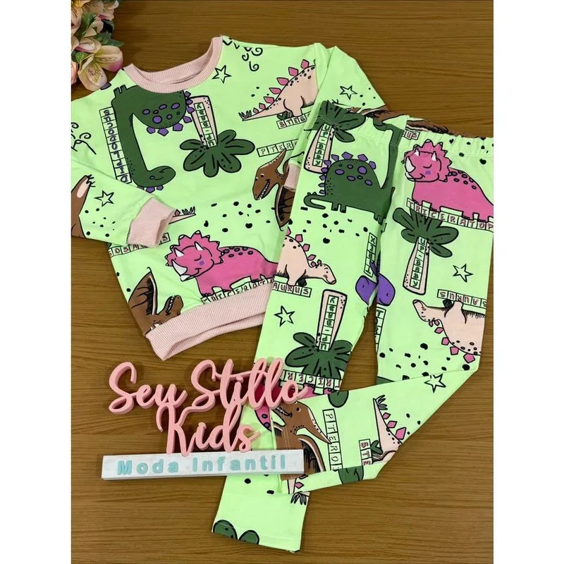 Conjunto Infantil Up Baby Inverno Calça e Blusão Verde Dino