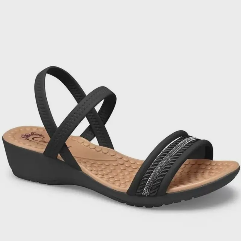 Sandália Campesi Comfort Salto Baixo Strass Feminina Preta