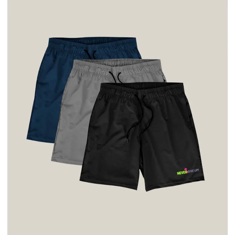 Kit 3 Shorts Academia Masculino Elastano Premium WSS Gym Never Give Up GG / Preto