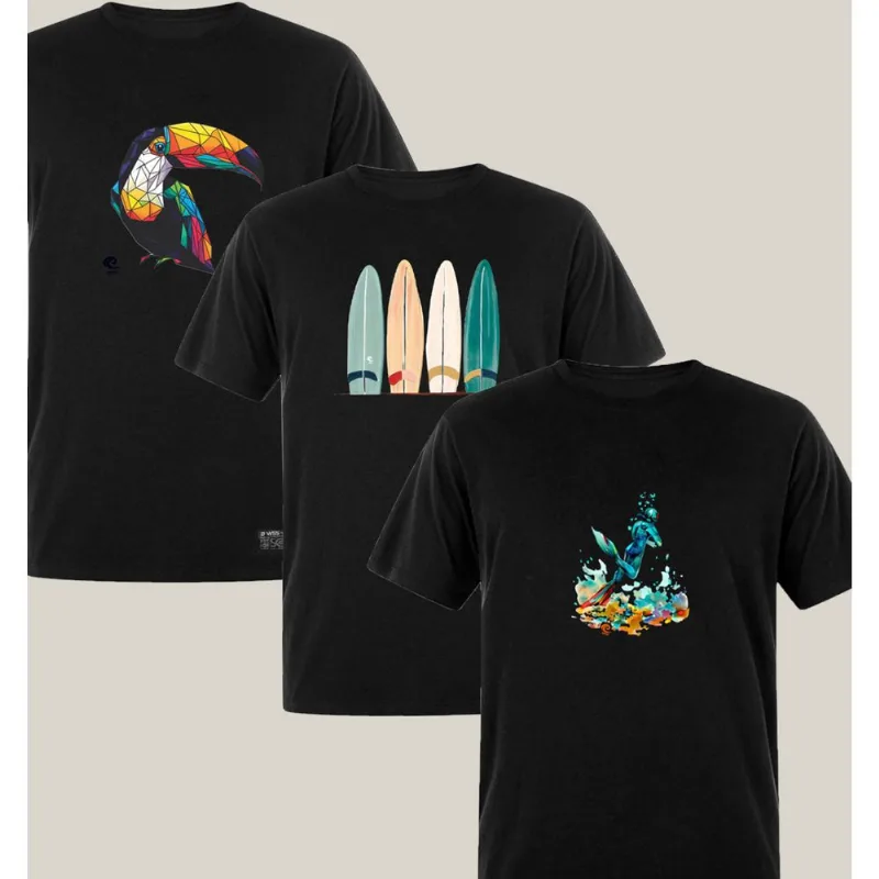 Kit 3 Camisetas Masculinas Pretas Algodão Prime WSS Brasil: Dive, Toucan e Artistic Surf G / Preto