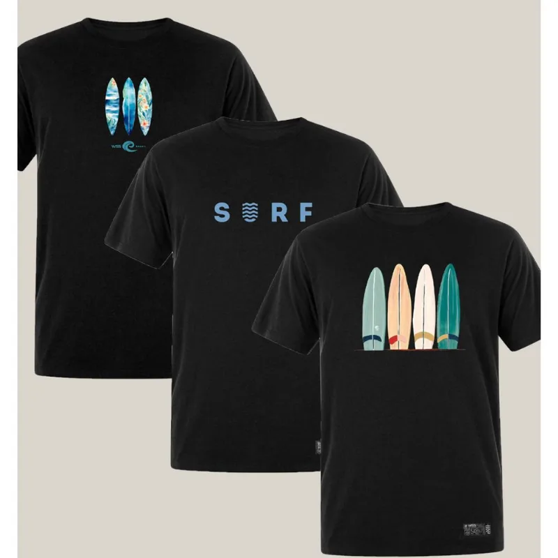 Kit 3 Camisetas Masculinas Pretas Algodão Prime Surf WSS Brasil I Artistic, Blue e Floral