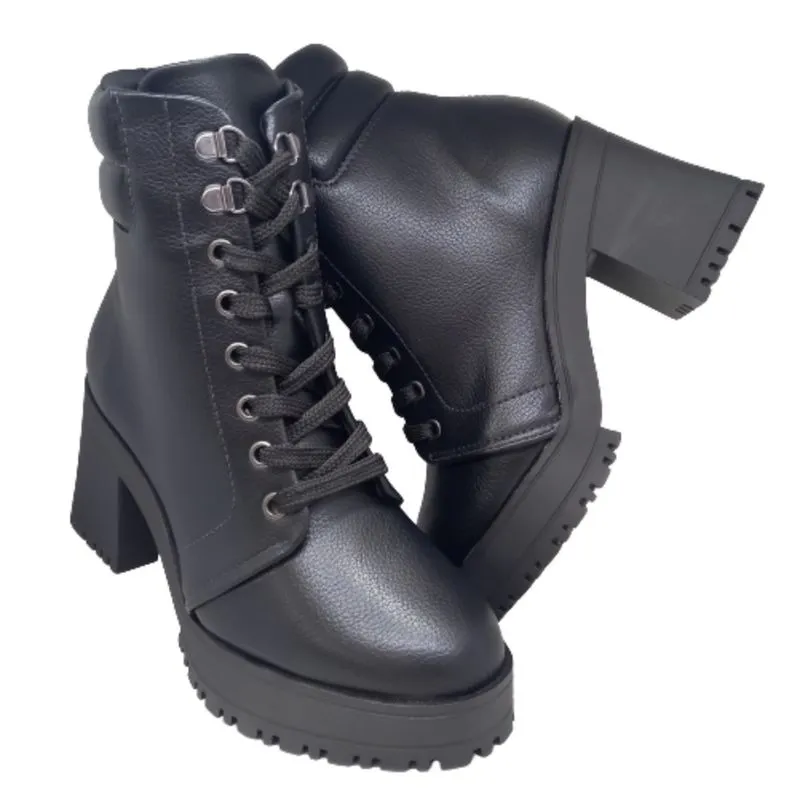 Bota Feminina Vizzano Coturno Salto Tratorado Cano Curto Saltinho Baixo Cadarço Confortável Macia