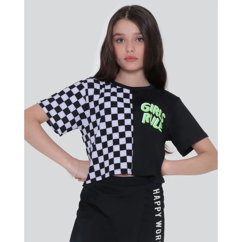 Blusa Juvenil Cropped Estampa Girls Rule Preta 12