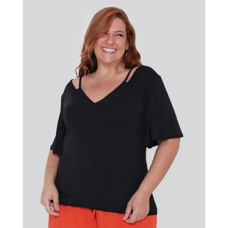 Blusa Feminina Plus Size Decote V Preto G3