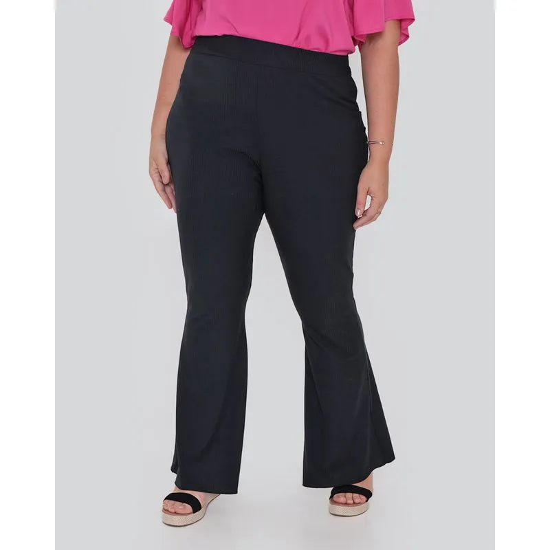 Calça Feminina Plus Size Flare Canelada Preta G3