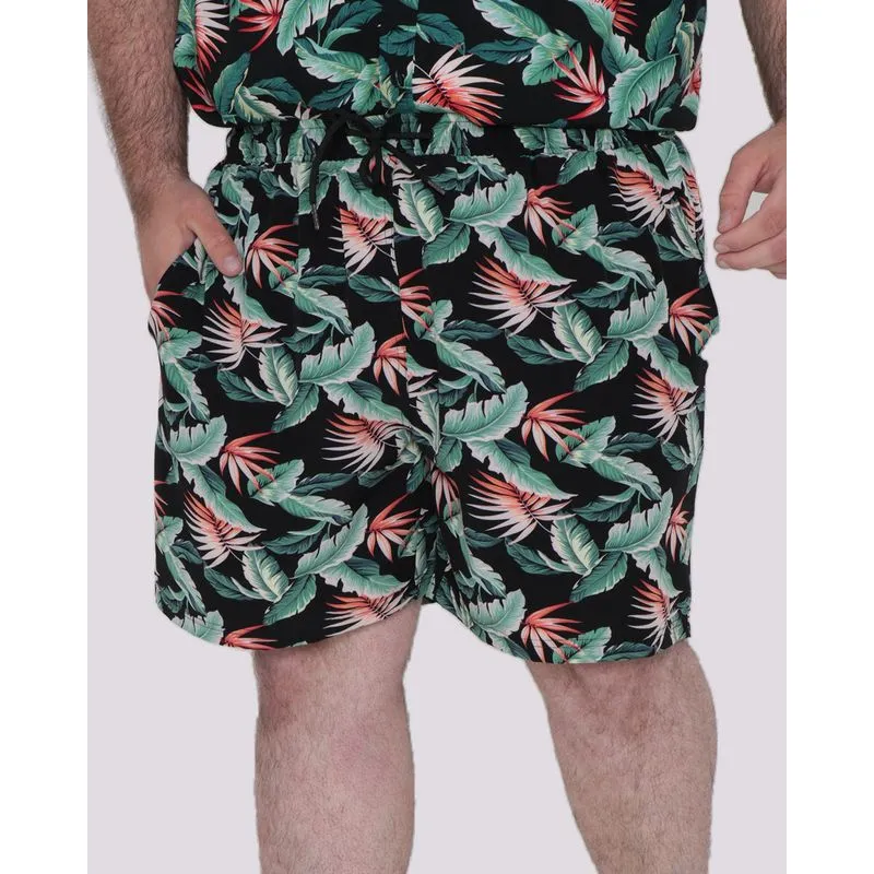 Bermuda Plus Size Masculina Estampa Folhagem Bolso Preta G1