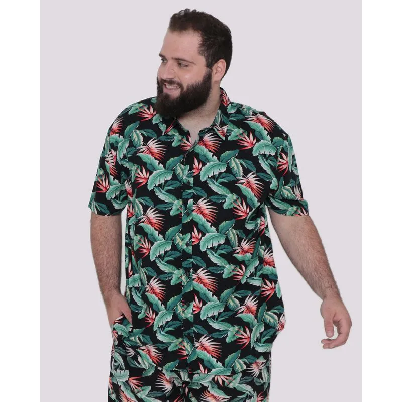 Camisa Plus Size Masculina Viscose Folhagem Preta G1