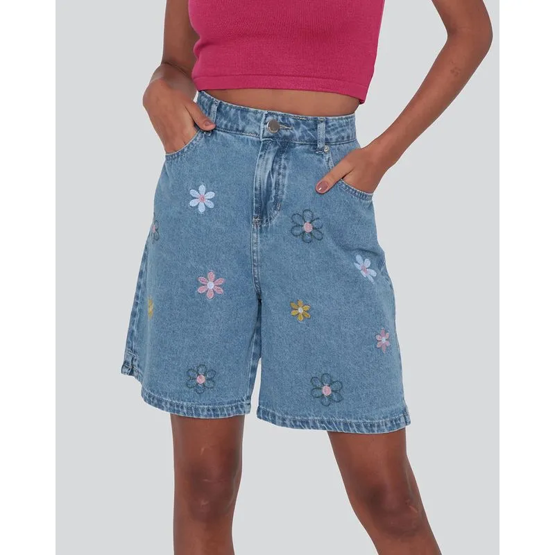 Bermuda Feminina Jeans Bordado Azul 38