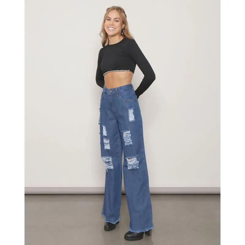 Calça Jeans Feminina Wide Leg Destroyed Cintura Alta Barra Desfiada Azul UN