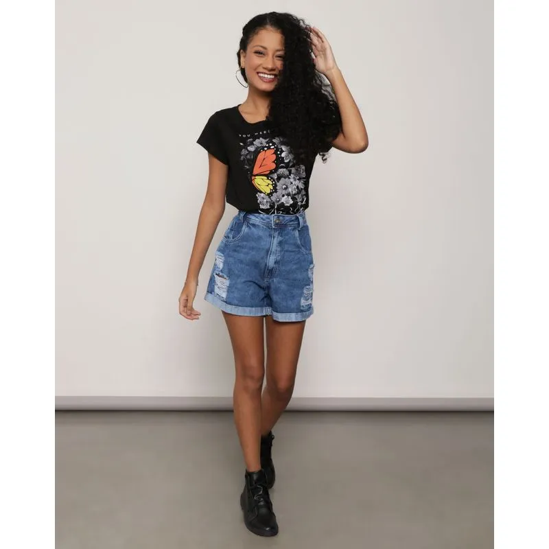 Short Jeans Feminino Destroyed Barra Dobrada Azul 36