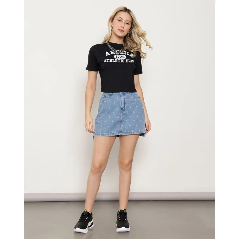 Saia Jeans Feminina Estampada Azul 38