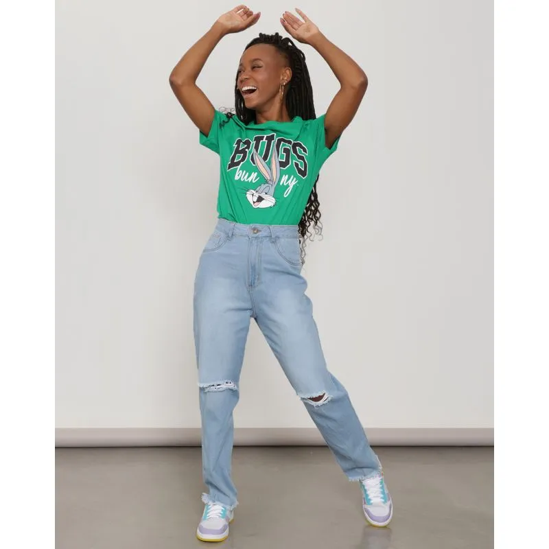Calça Jeans Feminina Reta Destroyed Barra Desfiada Azul Claro 40
