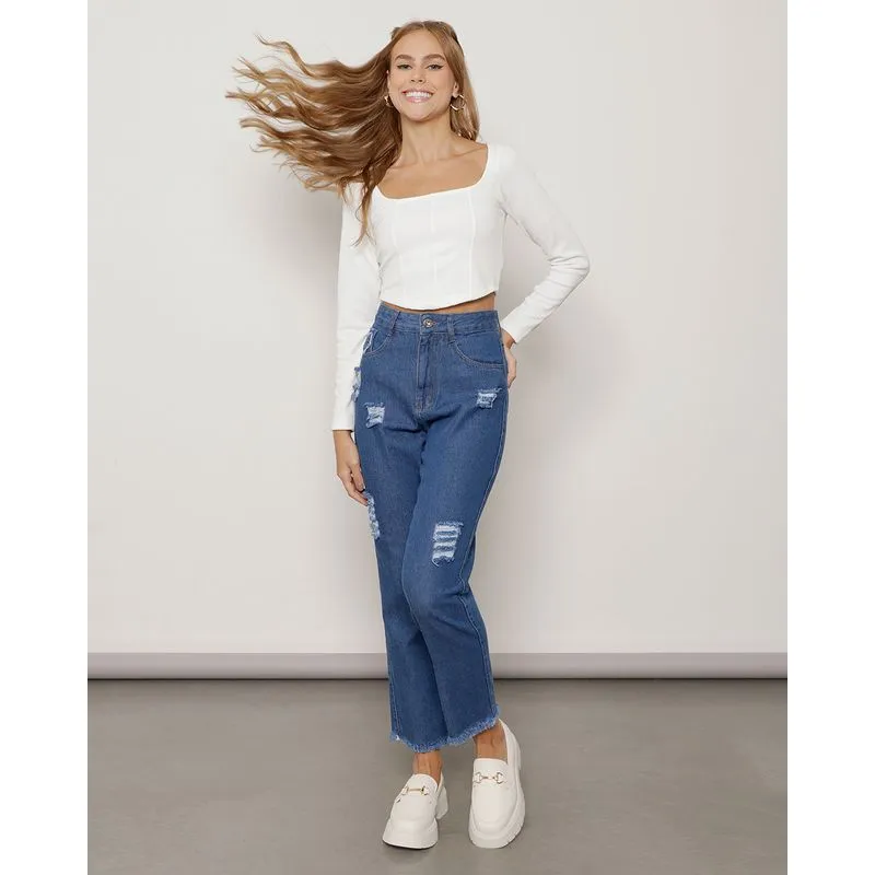 Calça Jeans Feminina Mom Destroyed Azul 38
