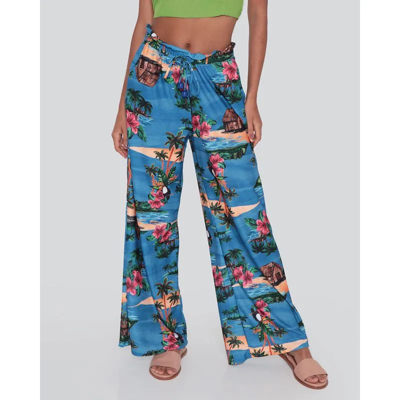 Calça Feminina Pantalona Estampa Tropical Azul P