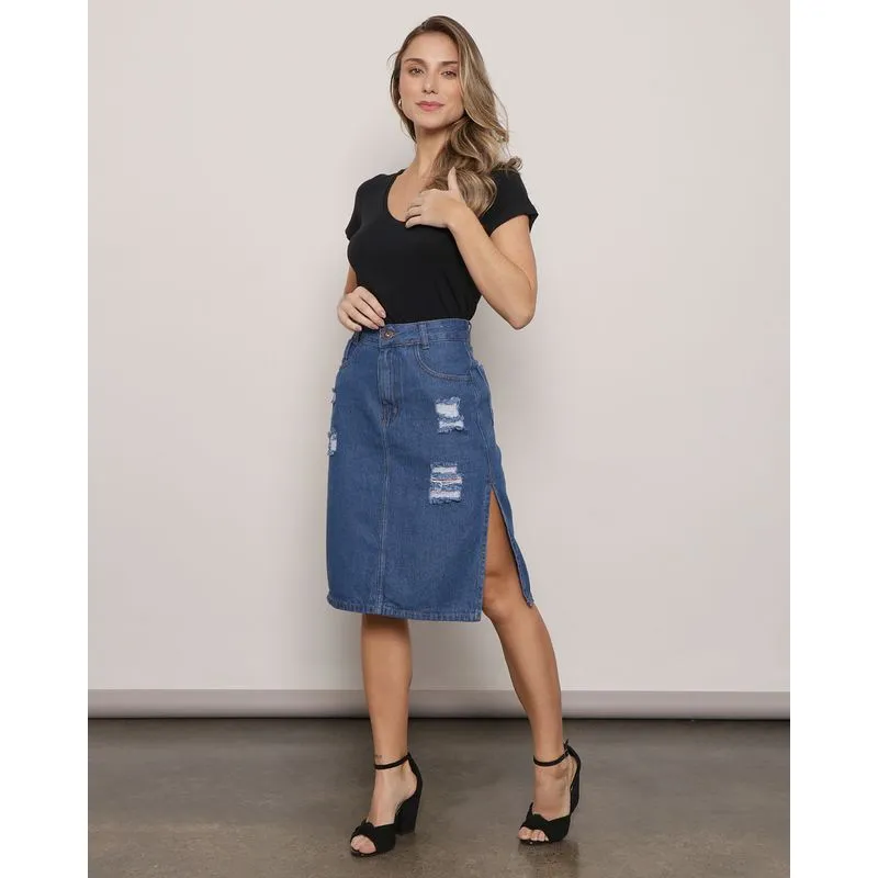 Saia Jeans Feminina Destroyed Azul 40