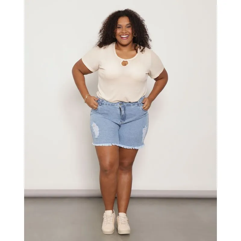 Short Jeans Feminino Plus Size Destroyed Azul 54
