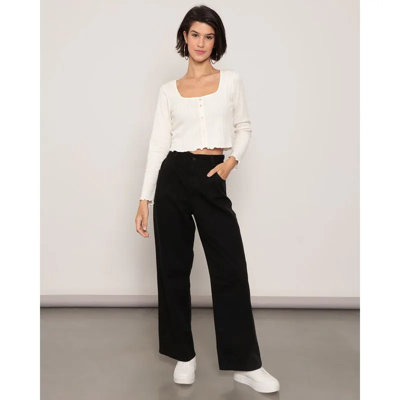 Calça Jeans Feminina Wide Leg Preta 46