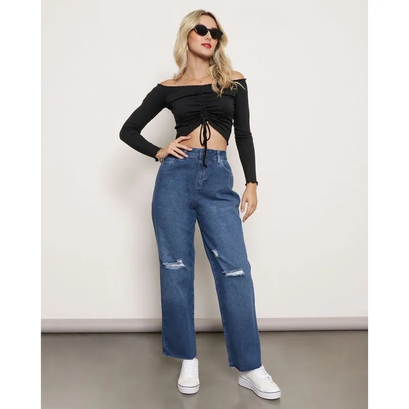 Calça Jeans Feminina Reta Destroyed Azul 36