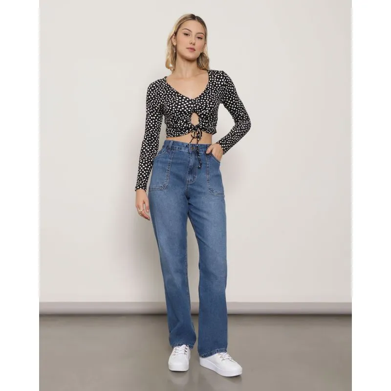 Calça Jeans Feminina Com Bolso Reta Azul 36