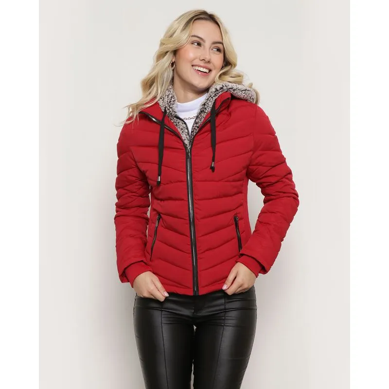 Jaqueta Feminina Puffer Removível Capuz Sherpa Vermelha GG