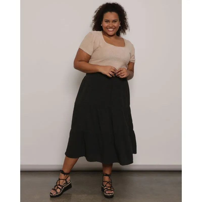 Saia Feminina Plus Size Liocel Midi Três marias Preto G1