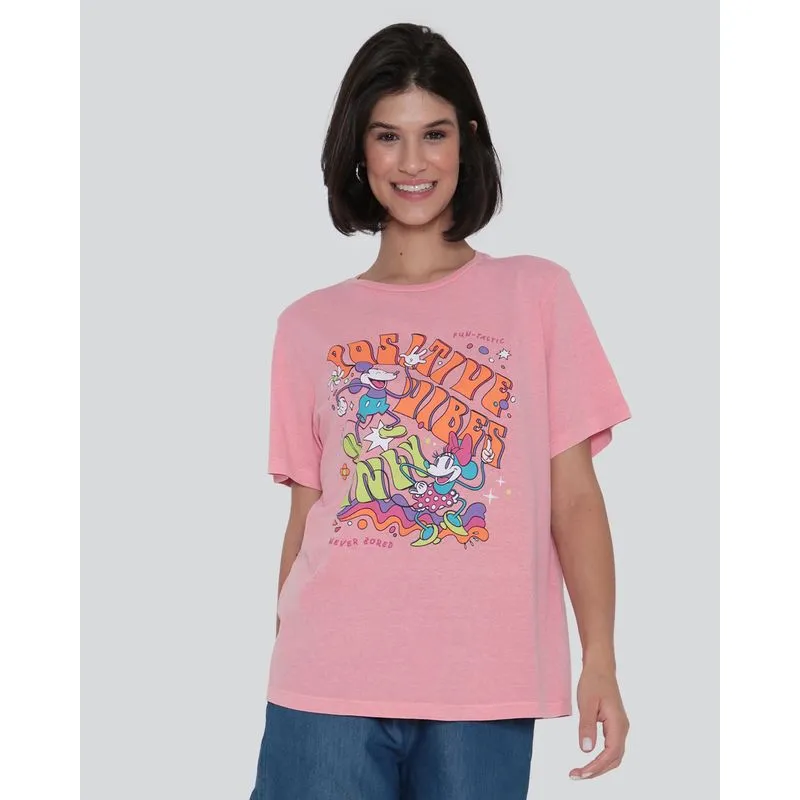 Camiseta Feminina Algodão Estonada Disney Mickey E Minnie Rosa P