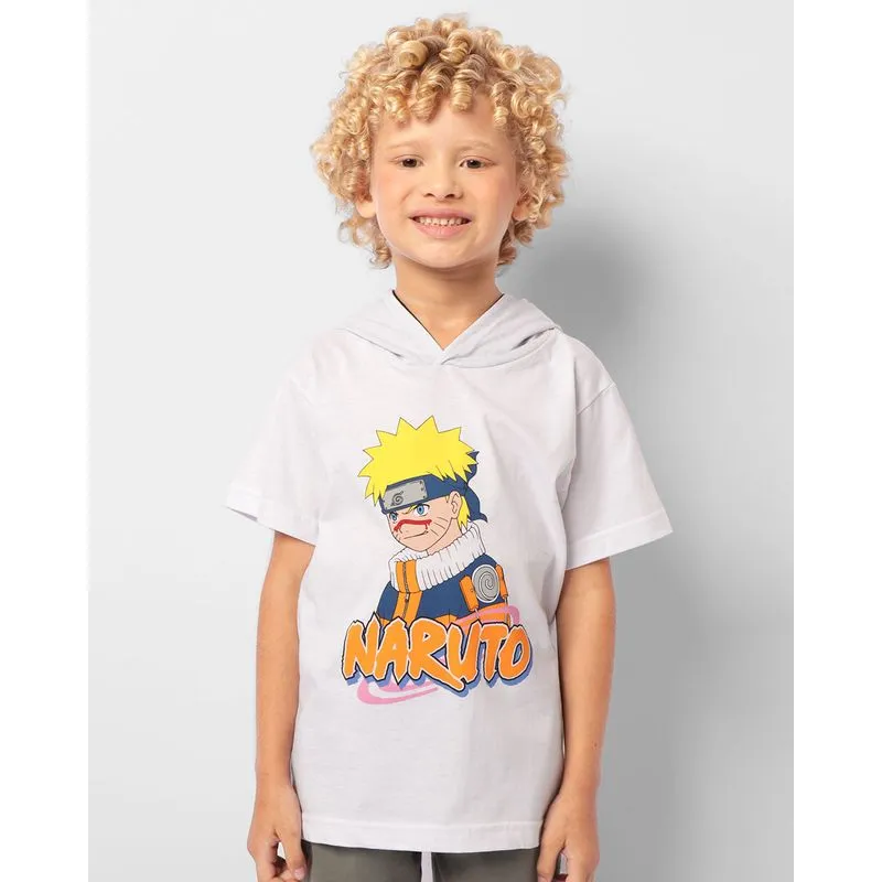 Camiseta Infantil Estampa Naruto Com Capuz Manga Curta Branca 4