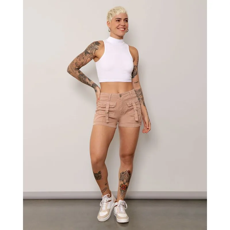 Short Feminino Sarja Cargo Com Fivela Bege 42