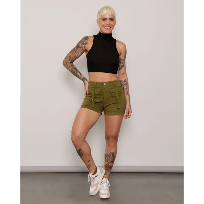 Short Feminino Sarja Cargo Com Fivela Verde 38