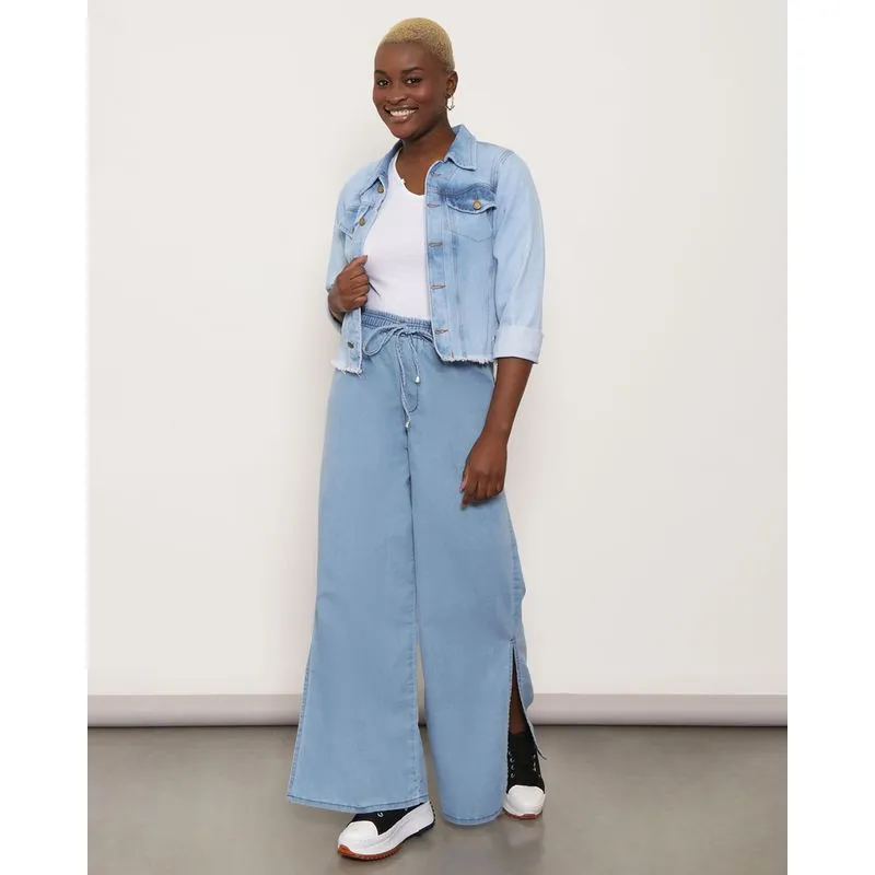 Calça Jeans Feminina Pantalona Com Fenda Azul 44